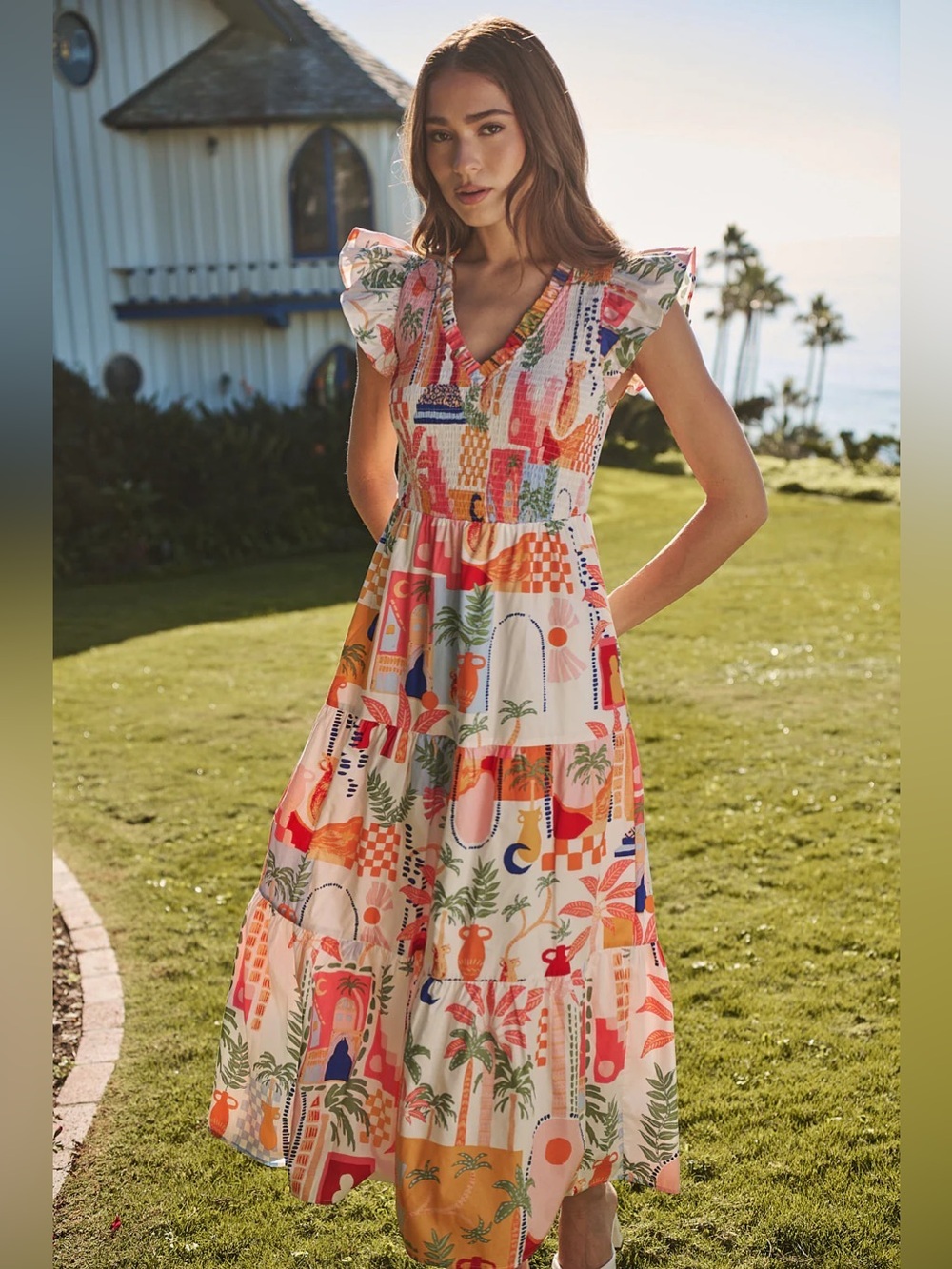 Flying tomato vibrant Floral Print Maxi Dress Multi-Color cotton Anthropologie M